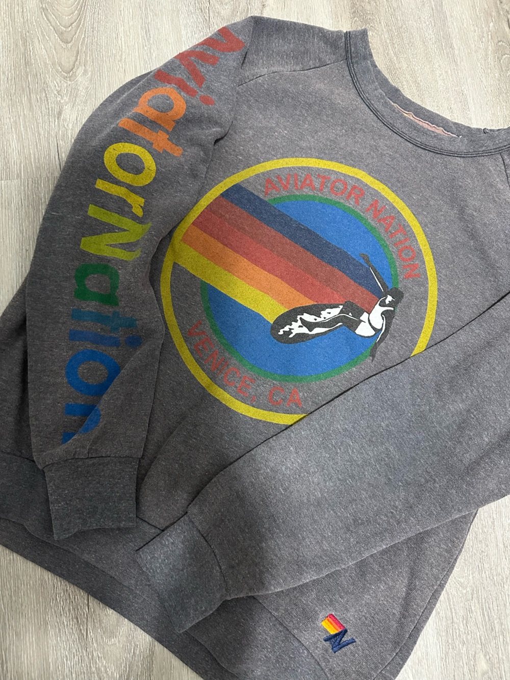 Aviator Nation Heather grey rainbow logo Venice crewneck sweatshirt Size S USA